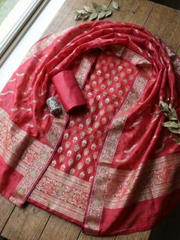 MEENA BAZAAR - Woven Maroon Chanderi Unstitched Kurta with Pant and Dupatta