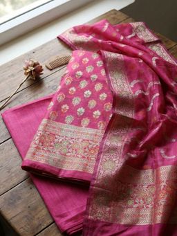 MEENA BAZAAR - Woven Pink Chanderi Unstitched Kurta with Pant and Dupatta