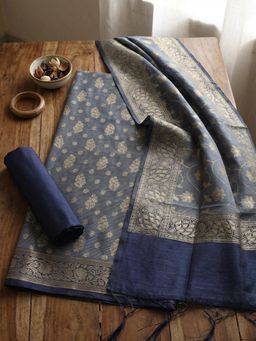 MEENA BAZAAR - Woven Blue Chanderi Unstitched Kurta with Pant and Dupatta