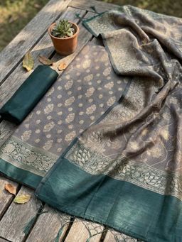 MEENA BAZAAR - Woven Green Chanderi Unstitched Kurta with Pant and Dupatta