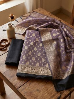 MEENA BAZAAR - Woven Wine Chanderi Unstitched Kurta with Pant and Dupatta