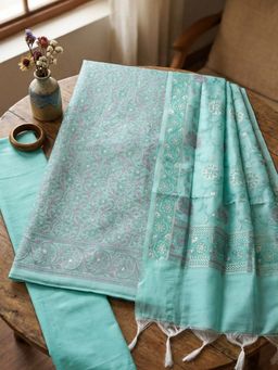 MEENA BAZAAR - Woven Green Chanderi Unstitched Kurta with Pant and Dupatta