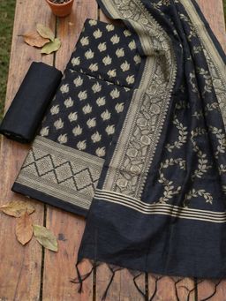 MEENA BAZAAR - Woven Black Chanderi Unstitched Kurta with Pant and Dupatta