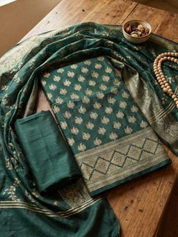 MEENA BAZAAR - Woven Green Chanderi Unstitched Kurta with Pant and Dupatta