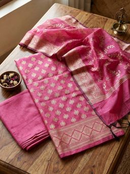 MEENA BAZAAR - Woven Pink Chanderi Unstitched Kurta with Pant and Dupatta