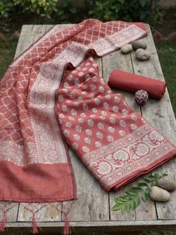 MEENA BAZAAR - Woven Pink Chanderi Unstitched Kurta with Pant and Dupatta