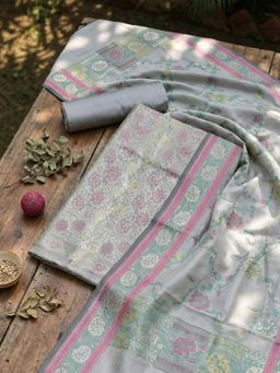 MEENA BAZAAR - Woven Grey Chanderi Unstitched Kurta with Pant and Dupatta