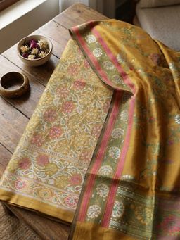 MEENA BAZAAR - Woven Mustard Chanderi Unstitched Kurta with Pant and Dupatta