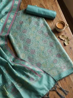MEENA BAZAAR - Woven Green Chanderi Unstitched Kurta with Pant and Dupatta