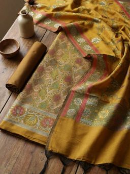 MEENA BAZAAR - Woven Mustard Chanderi Unstitched Kurta with Pant and Dupatta
