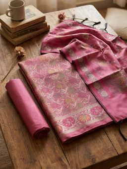 MEENA BAZAAR - Woven Pink Chanderi Unstitched Kurta with Pant and Dupatta