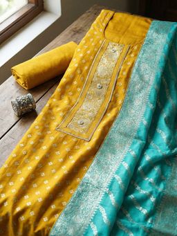 MEENA BAZAAR - Woven Mustard Chanderi Unstitched Kurta with Pant and Dupatta