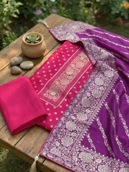 MEENA BAZAAR - Woven Pink Chanderi Unstitched Kurta with Pant and Dupatta