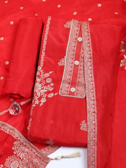 MEENA BAZAAR - Woven Red Chanderi Unstitched Kurta with Pant and Dupatta