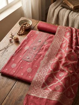 MEENA BAZAAR - Woven Red Chanderi Unstitched Kurta with Pant and Dupatta