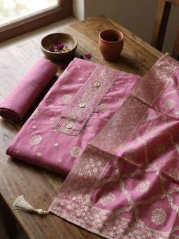 MEENA BAZAAR - Woven Mauve Chanderi Unstitched Kurta with Pant and Dupatta