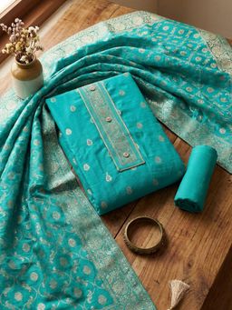 MEENA BAZAAR - Woven Green Chanderi Unstitched Kurta with Pant and Dupatta