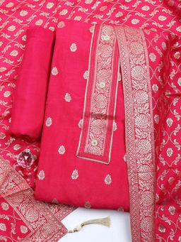 MEENA BAZAAR - Woven Pink Chanderi Unstitched Kurta with Pant and Dupatta
