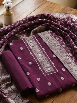 MEENA BAZAAR - Woven Wine Chanderi Unstitched Kurta with Pant and Dupatta