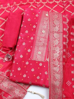 MEENA BAZAAR - Woven Pink Chanderi Unstitched Kurta with Pant and Dupatta