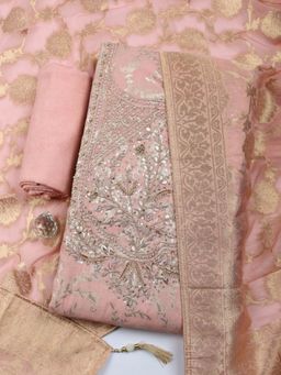 MEENA BAZAAR - Embroidered Peach Chanderi Unstitched Kurta with Pant and Dupatta