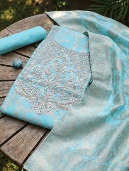 MEENA BAZAAR - Embroidered Green Chanderi Unstitched Kurta with Pant and Dupatta