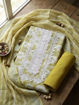 MEENA BAZAAR - Embroidered Green Linen Unstitched Kurta with Pant and Dupatta