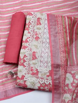 MEENA BAZAAR - Embroidered Lace Work Pink Linen Unstitched Kurta with Pant and Dupatta