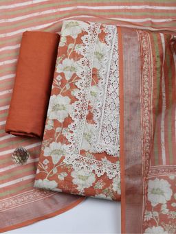 MEENA BAZAAR - Embroidered Lace Work Rust Linen Unstitched Kurta with Pant and Dupatta