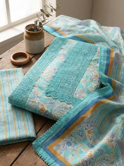 MEENA BAZAAR - Embroidered Blue Cotton Unstitched Kurta with Pant and Dupatta