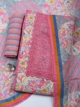 MEENA BAZAAR - Embroidered Lace Work Pink Cotton Unstitched Kurta with Pant and Dupatta