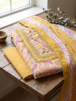 MEENA BAZAAR - Embroidered Yellow Cotton Unstitched Kurta with Pant and Dupatta