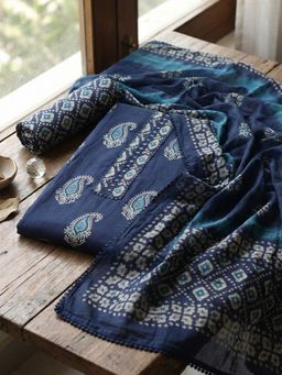 MEENA BAZAAR - Paisley Printed Blue Cotton Unstitched Kurta with Pant and Dupatta