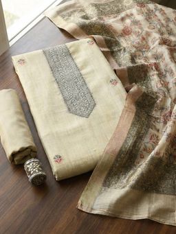 MEENA BAZAAR - Embroidered Beige Chanderi Unstitched Kurta with Pant and Dupatta