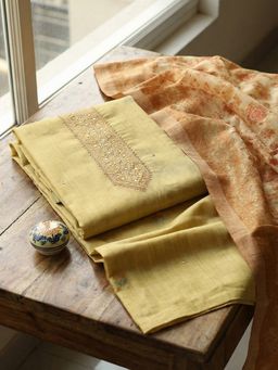 MEENA BAZAAR - Embroidered Mustard Chanderi Unstitched Kurta with Pant and Dupatta