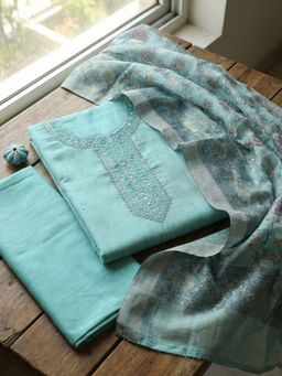 MEENA BAZAAR - Embroidered Green Chanderi Unstitched Kurta with Pant and Dupatta