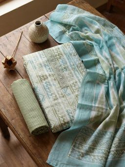 MEENA BAZAAR - Printed Green Cotton Unstitched Kurta with Pant and Dupatta