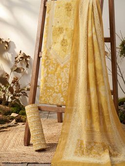 MEENA BAZAAR - Floral Printed Mustard Cotton Unstitched Kurta with Pant and Dupatta