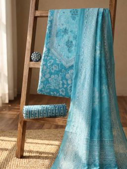 MEENA BAZAAR - Floral Printed Green Cotton Unstitched Kurta with Pant and Dupatta