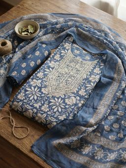 MEENA BAZAAR - Embroidered Blue Cotton Unstitched Kurta with Pant and Dupatta