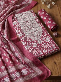 MEENA BAZAAR - Embroidered Pink Cotton Unstitched Kurta with Pant and Dupatta