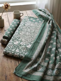 MEENA BAZAAR - Embroidered Green Cotton Unstitched Kurta with Pant and Dupatta