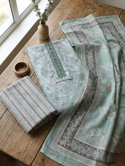 MEENA BAZAAR - Floral Printed Aqua Cotton Unstitched Kurta with Pant and Dupatta
