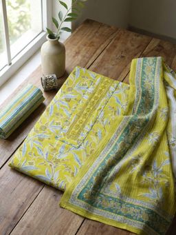 MEENA BAZAAR - Floral Printed Green Cotton Unstitched Kurta with Pant and Dupatta