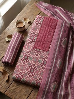 MEENA BAZAAR - Embroidered Pink Cotton Unstitched Kurta with Pant and Dupatta