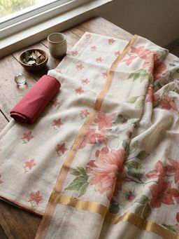 MEENA BAZAAR - Floral Printed Peach Art Silk Unstitched Kurta with Pant and Dupatta