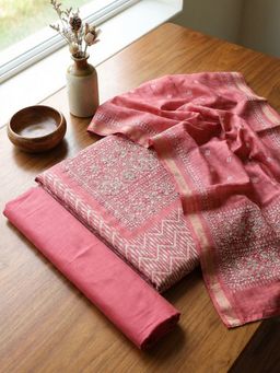 MEENA BAZAAR - Embroidered Pink Art Silk Unstitched Kurta with Pant and Dupatta