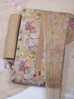 MEENA BAZAAR - Floral Printed Beige Cotton Unstitched Kurta with Pant and Dupatta