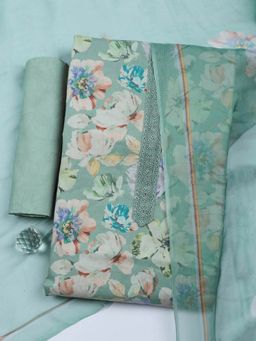 MEENA BAZAAR - Floral Printed Green Cotton Unstitched Kurta with Pant and Dupatta
