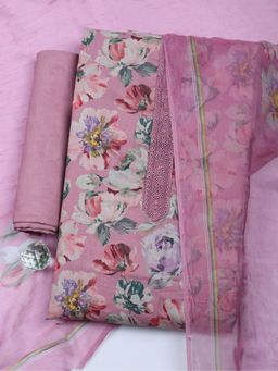 MEENA BAZAAR - Floral Printed Pink Cotton Unstitched Kurta with Pant and Dupatta